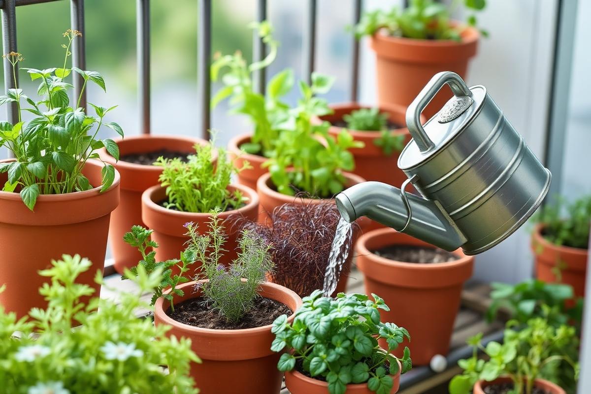 Terracotta pots of herbs on a balcony being watered from a metal can