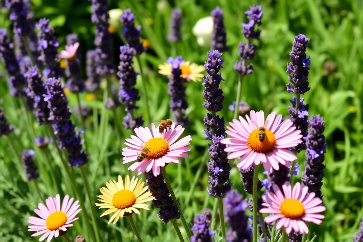 Bees feeding on lavender and pink daisies in a sunny border