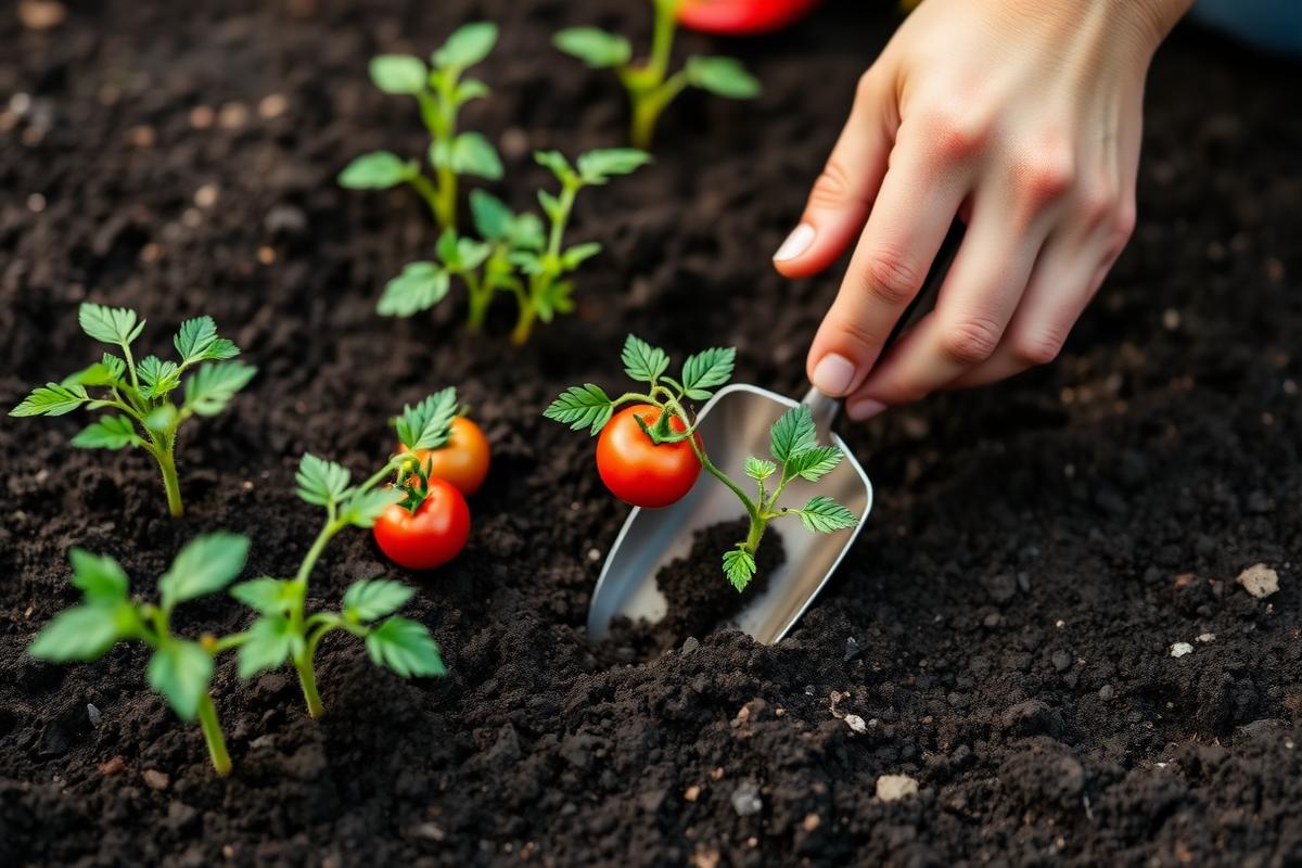 Hands planting young tomato seedlings into dark garden soil